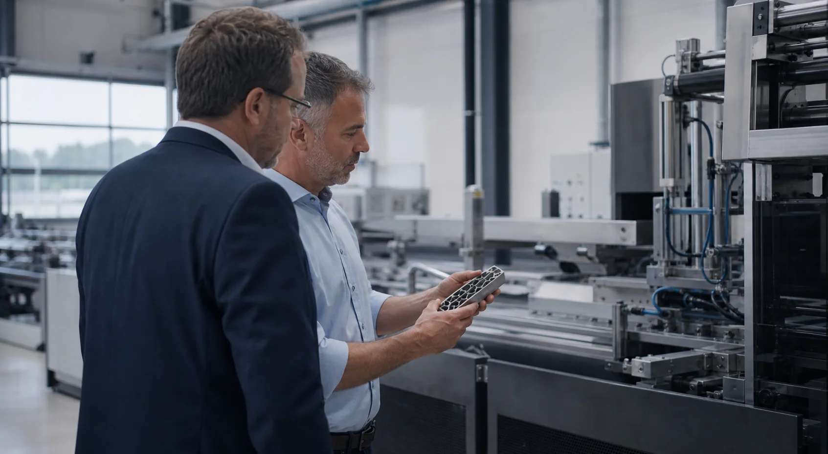 Zwei Unternehmer prüfen gemeinsam ein innovatives Bauteil in einer deutschen Produktionsanlage